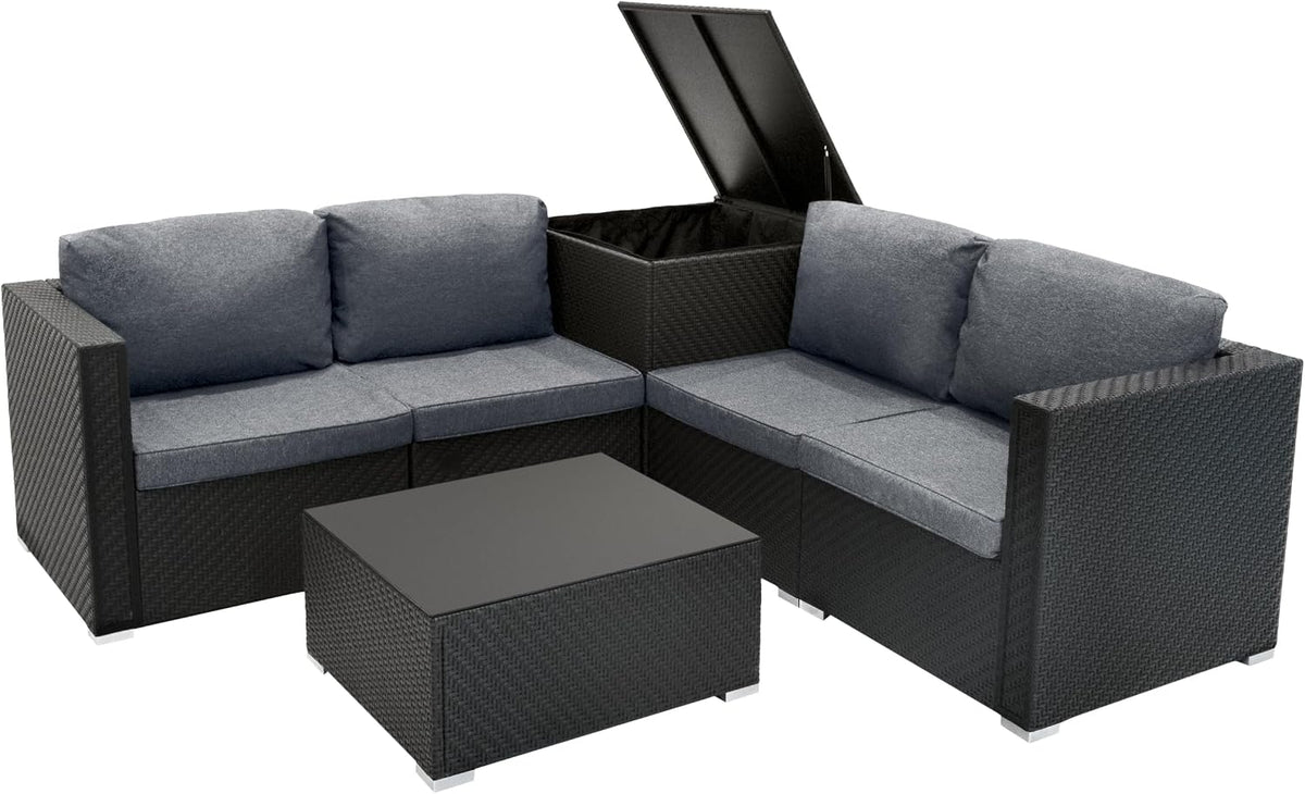 Sofa Monster Shop, 250 L, Schwarz, Rattan Modulares Gartenmöbel 6-teiliges Set Serafina, 4-Sitzer, Eckstühle mit Kissen