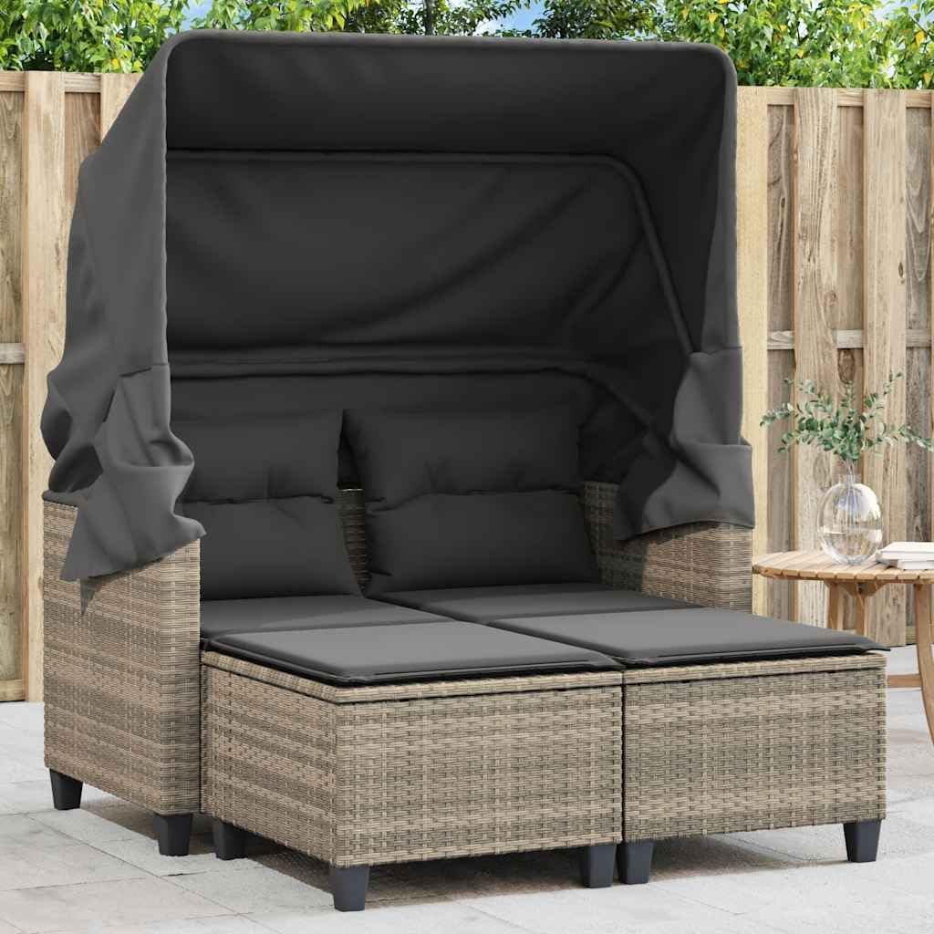 Willood Sofa, PE-Rattan, pulverbeschichteter Stahl, Hellgrau/Natur, Garten 2-Sitzer mit Dach und Hockern Hellgrau Poly Rattan