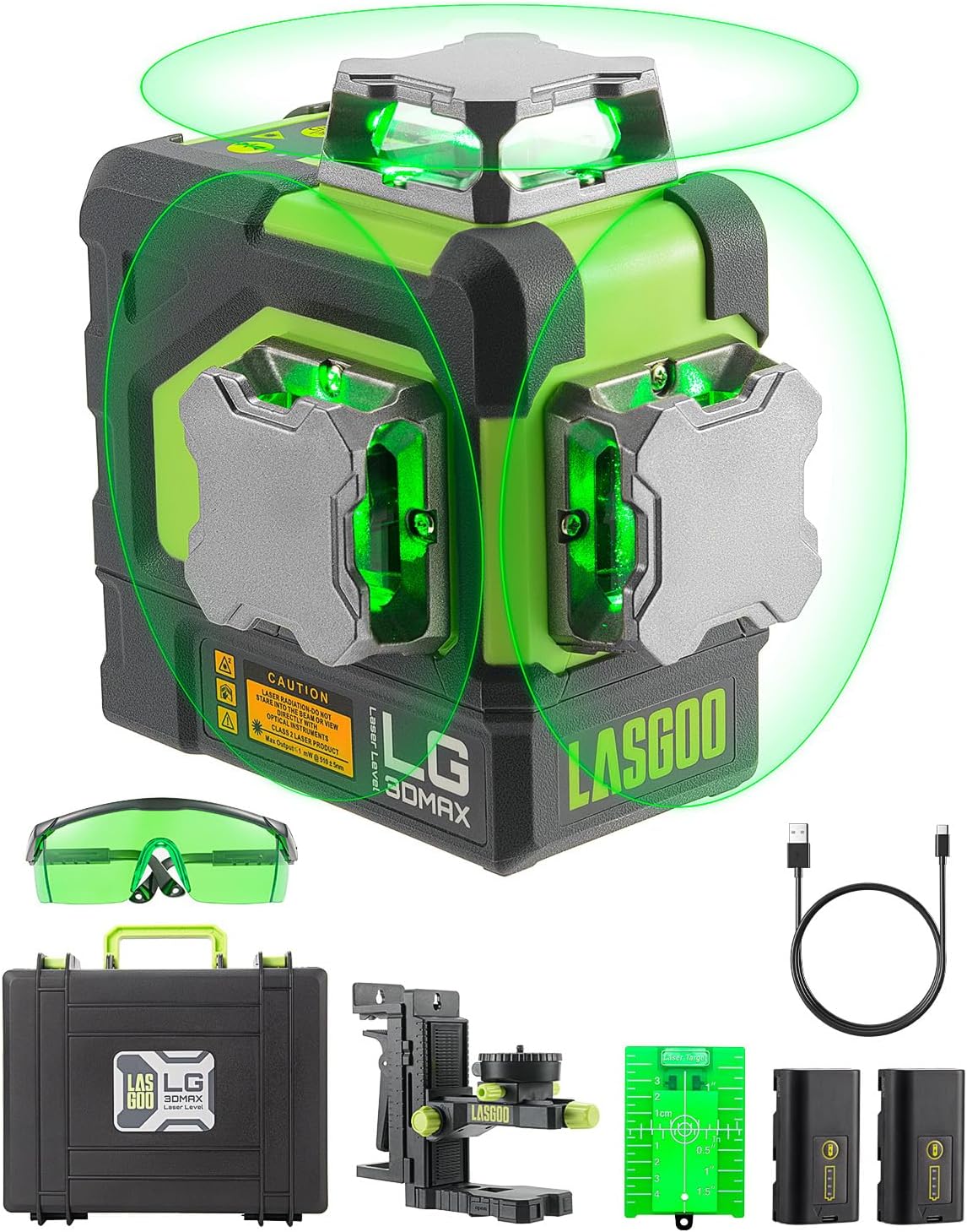LASGOO Lasermessgeräte & Zubehör, Grau, LG-3DMAX 3x360° grüner Laser-Wasserwaage, 3D selbstnivellierend, 2 wiederaufladbare Batterien