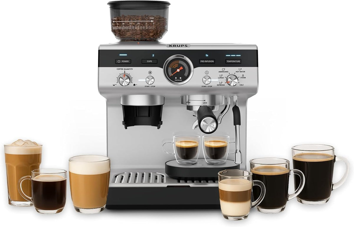 KRUPS Kaffeemaschine, Schwarz/Silber, Precision manuelle Siebträgermaschine mit Mahlwerk, Barista mit intuitiver Bedienfläche