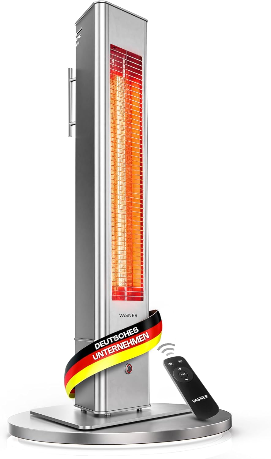 VASNER Heizstrahler, Silber/Rot, HeatTower Wärmestrahler, Infrarot Stand 2500 Watt - Terrasse elektrisch 4 Heizstufen