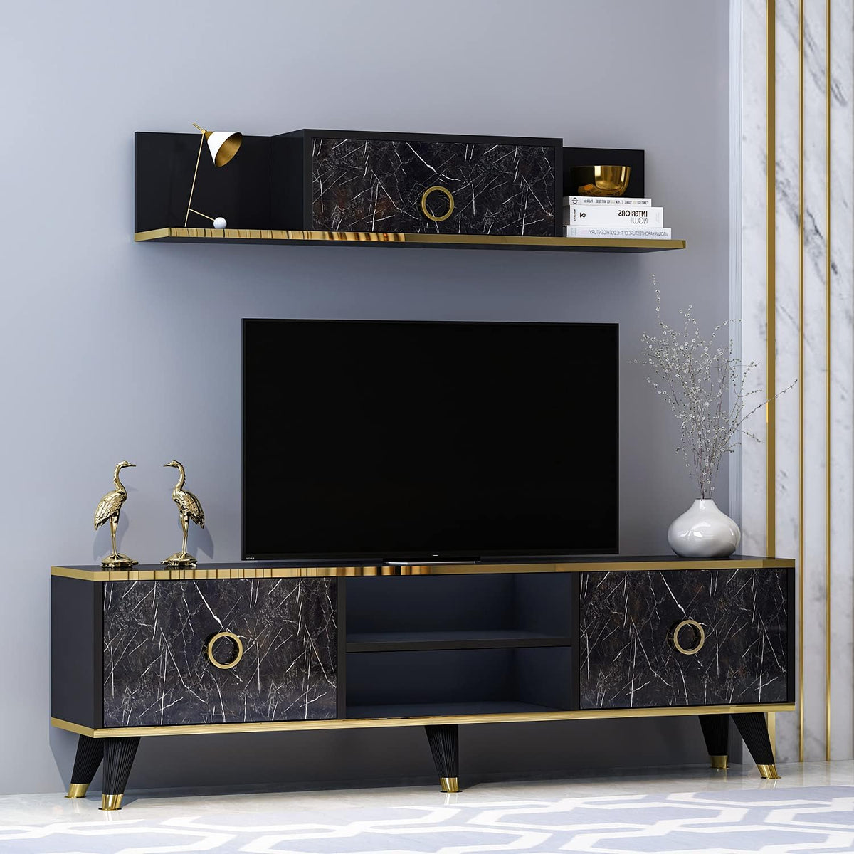 TV-Schrank Homidea, Schwarz, Lowboard, Sophia Wohnwand, Wohnzimmer TV Set, TV Lowboard, Fernsehtisch - TV Möbel mit 2 Türen und Wandregal