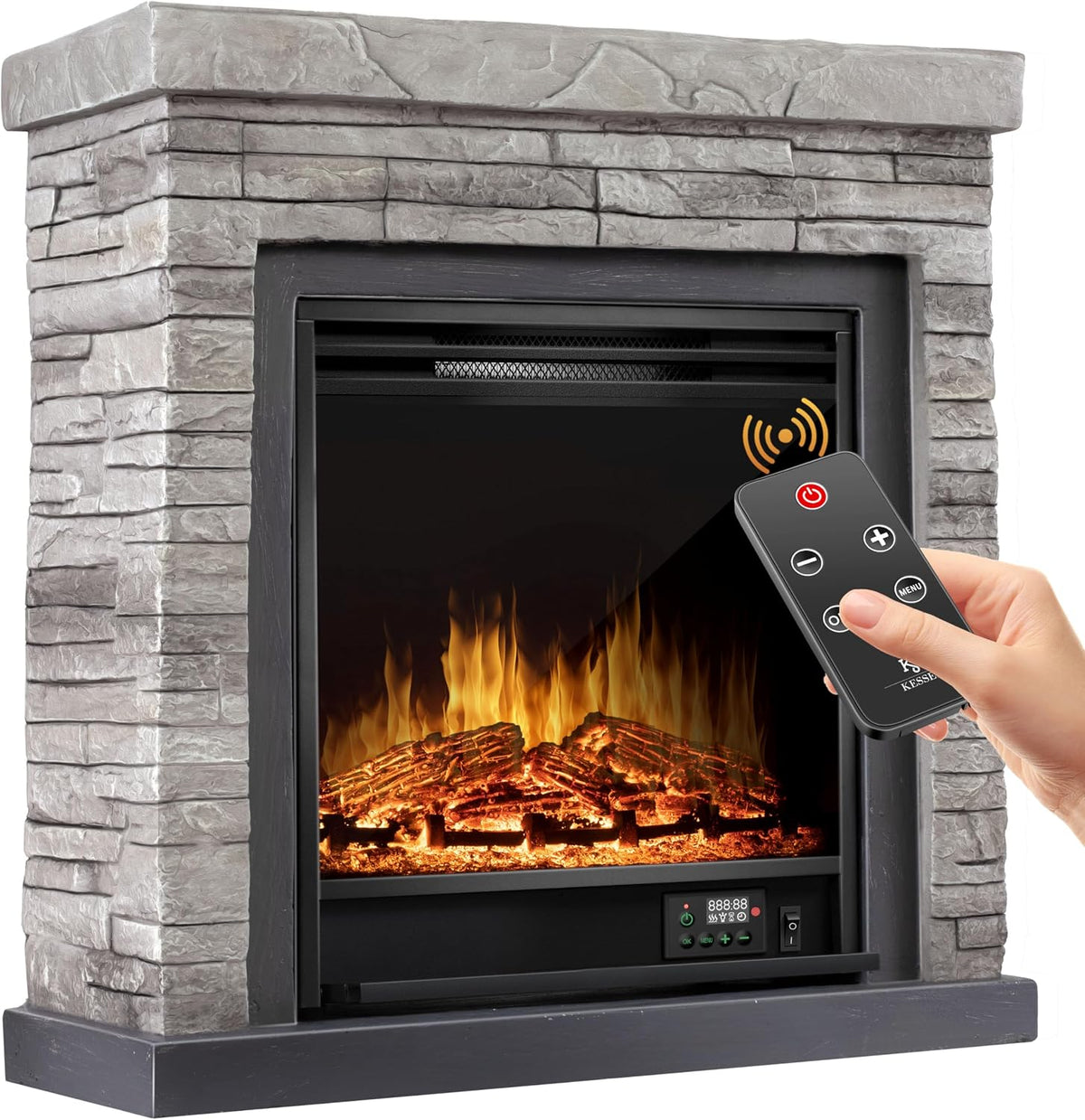 KESSER Elektrokamin, 1800 W, Grau, Standkamin - Kamin elektrisch mit LED 3D-Flammeneffekt, Heizung Heizfunktion