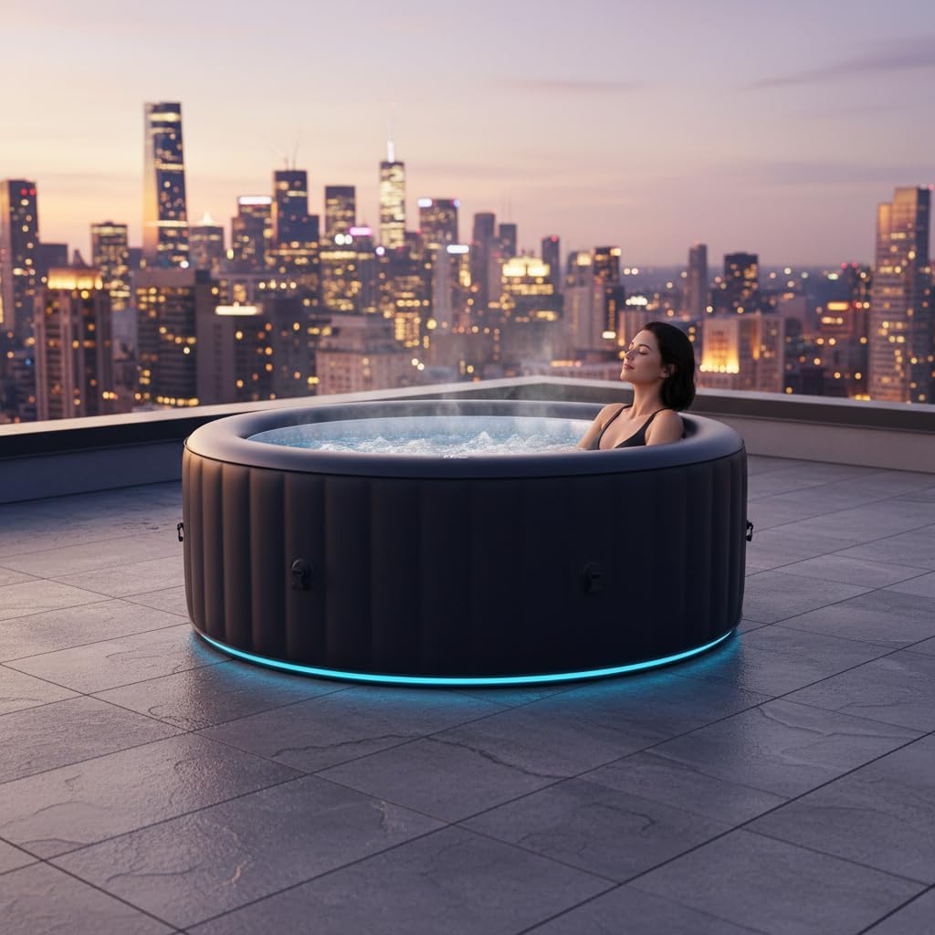 Wellness Point Badewannen mit Sprudelfunktion, 204x204x70 cm, Schwarz, MSpa Whirlpool Aurora, LED-Beleuchtung, UVC+ Desinfektion