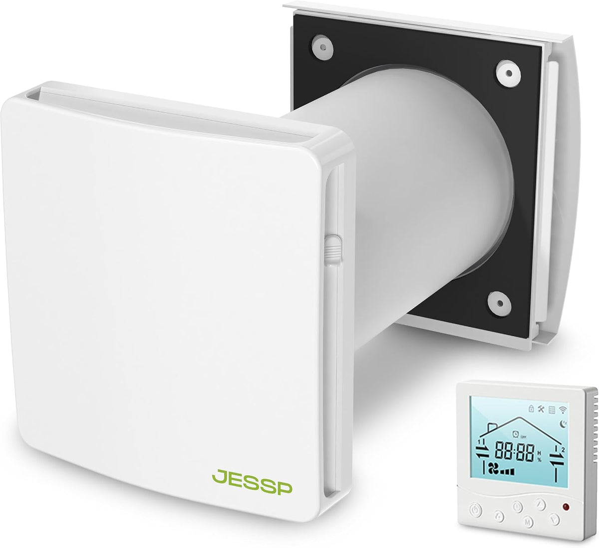JESSP Lüftungsgebläse, 160 mm, Weiß/Schwarz, Eco Smart DZ Easy+ Wohnraumlüftung inkl. Controller, 97% Wärmerückgewinnung