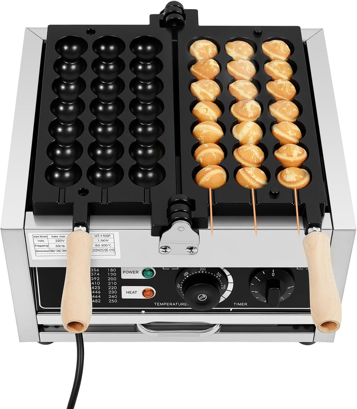 SuhoFutus Schreibtisch, 1500 W, 201 Edelstahl, Aluminium, Holz, Silber, Kommerzieller Waffelkugel Maker, Waffelgerät für 3 Spieße