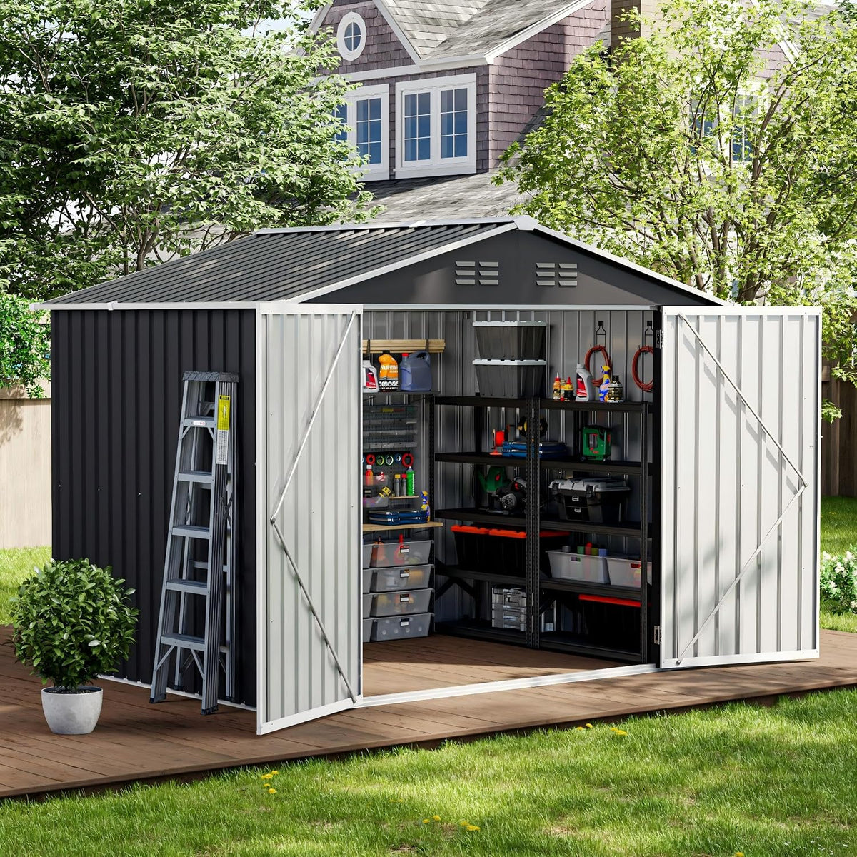 Gerätehaus UDPATIO, 250 x 184 x 193 cm, 7 m, Dunkelgrau, Metall Gartenhaus mit ³, Pultdach - für den Außenbereich