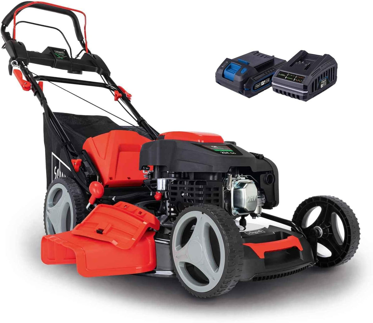 Scheppach Rasenmäher, 65 Liter, 53 cm, schwarz/rot, Benzin MS225-53E mit E-Start, Radantrieb, Schnittbreite, 7-fache Schnitthöhenverstellung