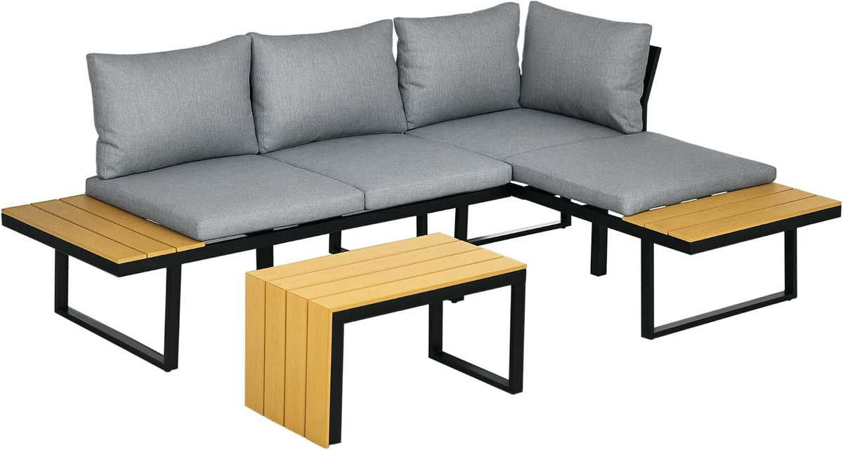 Outsunny Sofa, Natur, 3-TLG. Gartenmöbel-Set, Balkonmöbel mit Sitzkissen, Gartenlounge-Set mit Doppel, Couchtisch