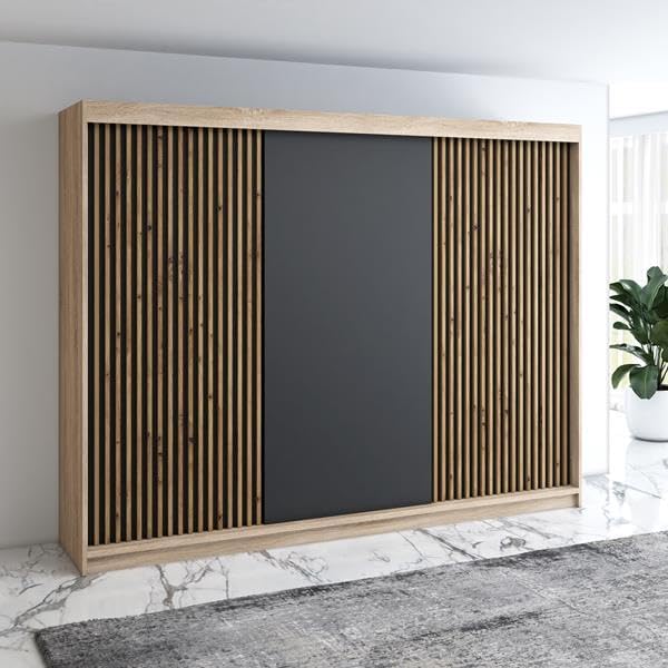 A&J MöbelLand Kleiderschrank, 200 cm, Schwarz, Schwebetürenschrank IOSA 3-türig mit 4 Schubladen & 3D, Garderobe (Sonoma/ / / )