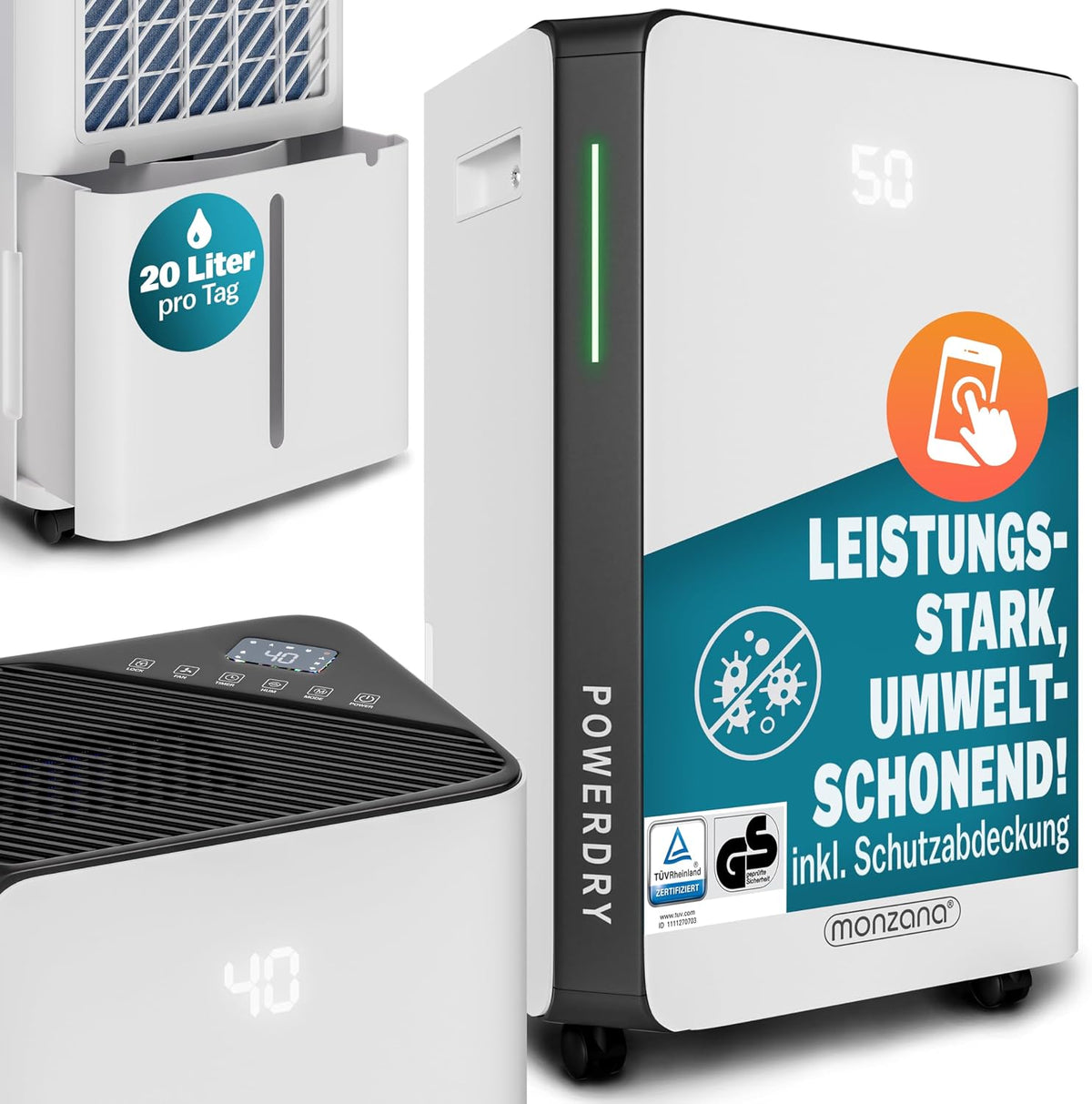 Monzana Dunstabzugshaube, 30m, 20 L, Weiß/Schwarz, Luftentfeuchter elektrisch 20- ² /Tag LED-Display