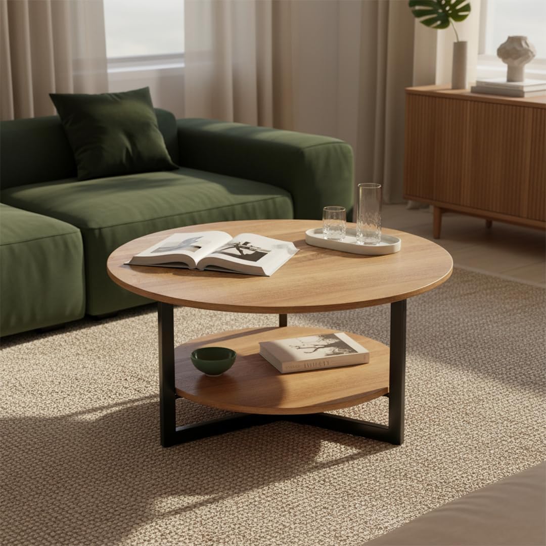 Sofa skølm, 70 cm, Holz/Schwarz, Drakkar Couchtisch rund Ø, Wohnzimmertisch aus Massivholz Eiche & Metallgestell