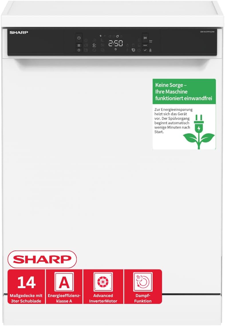 Sharp Geschirrspüler, 60 cm, 42 dB, Weiß, QW-NA3YF42AW-DE freistehend, 14 Maßgedecke, SteamWash, DualProWash, EcoWash