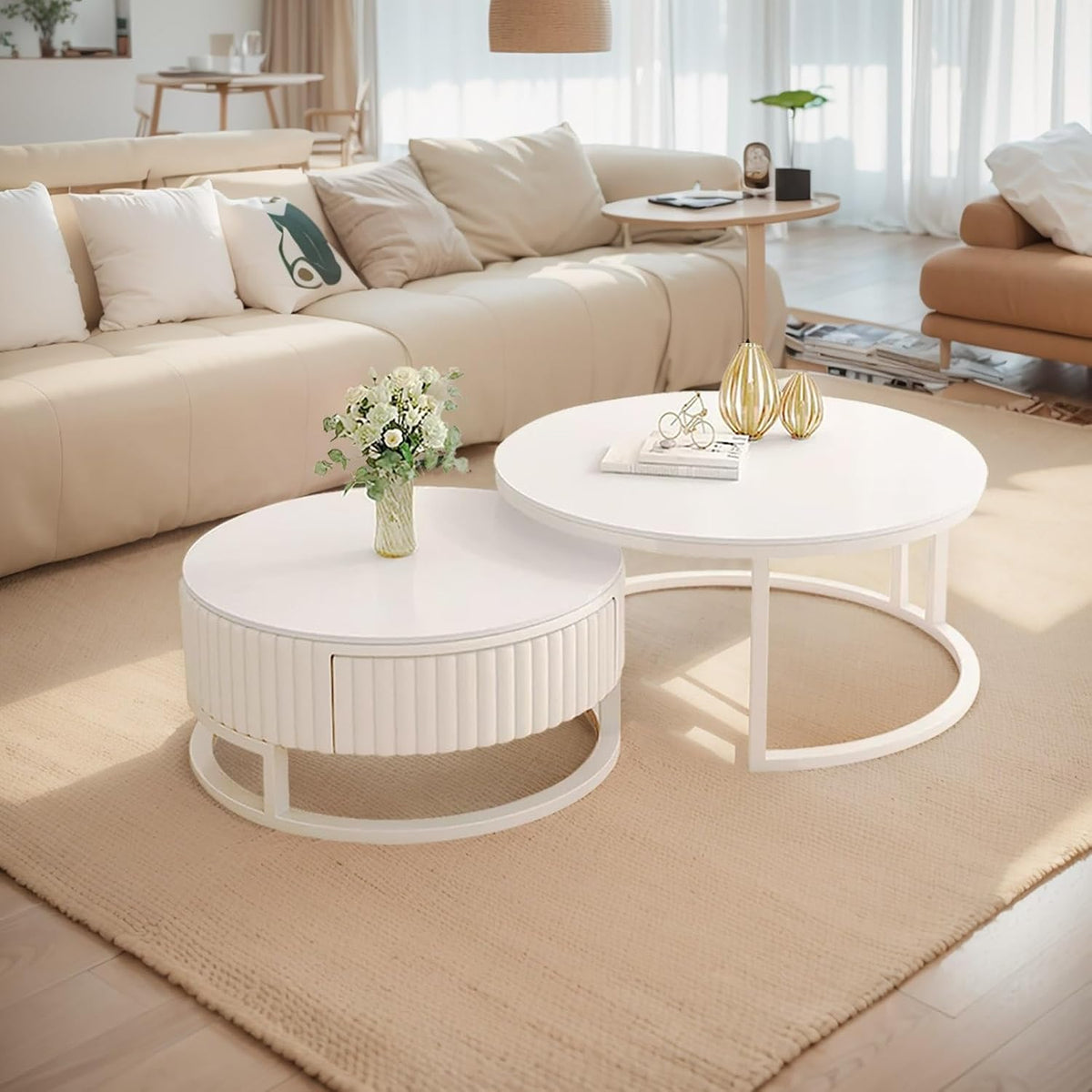 Sofa GonTzolkin, Weiß, Runder Couchtisch 2er Set Moderne Wohnzimmertisch R