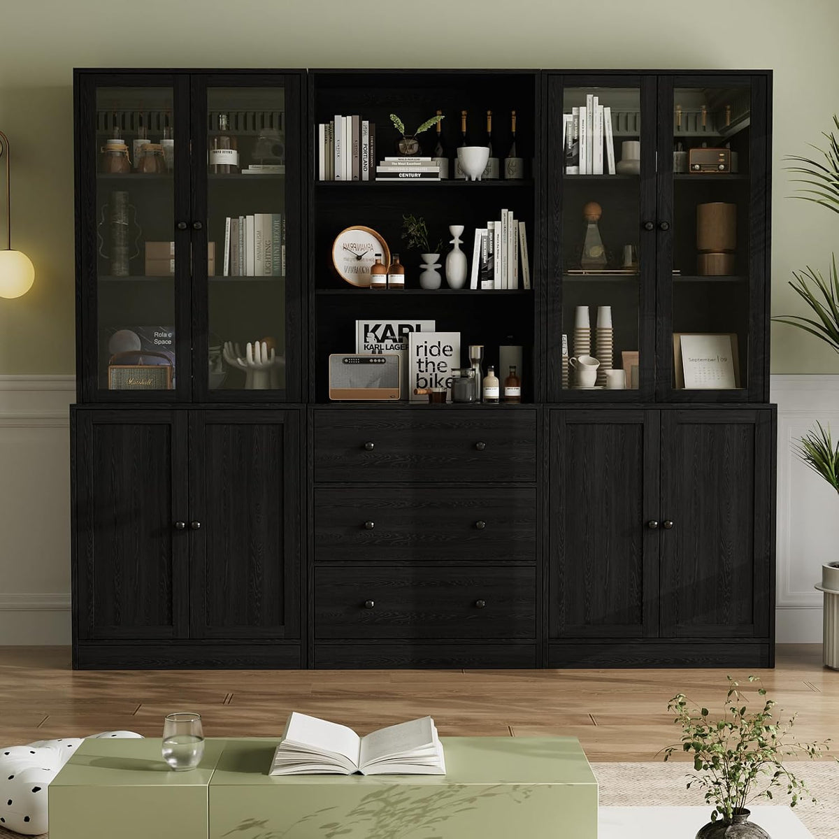 VOWNER Bücherregal, 180 cm, Schwarz, 5-stöckiges mit Glastüren, Vitrinenschrank, Küchenschränke, Küchenschrank Hochschrank