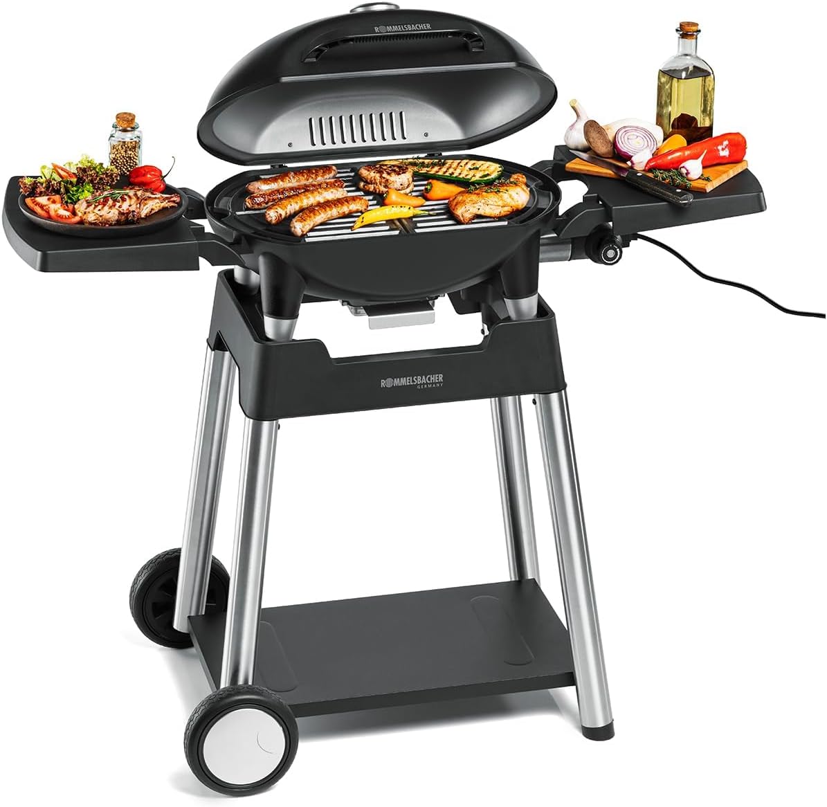 Rommelsbacher Elektrische Tischgrills, Schwarz, Barbecue Grill BBQ 4100/S, Scharnierdeckel, Grillwagen