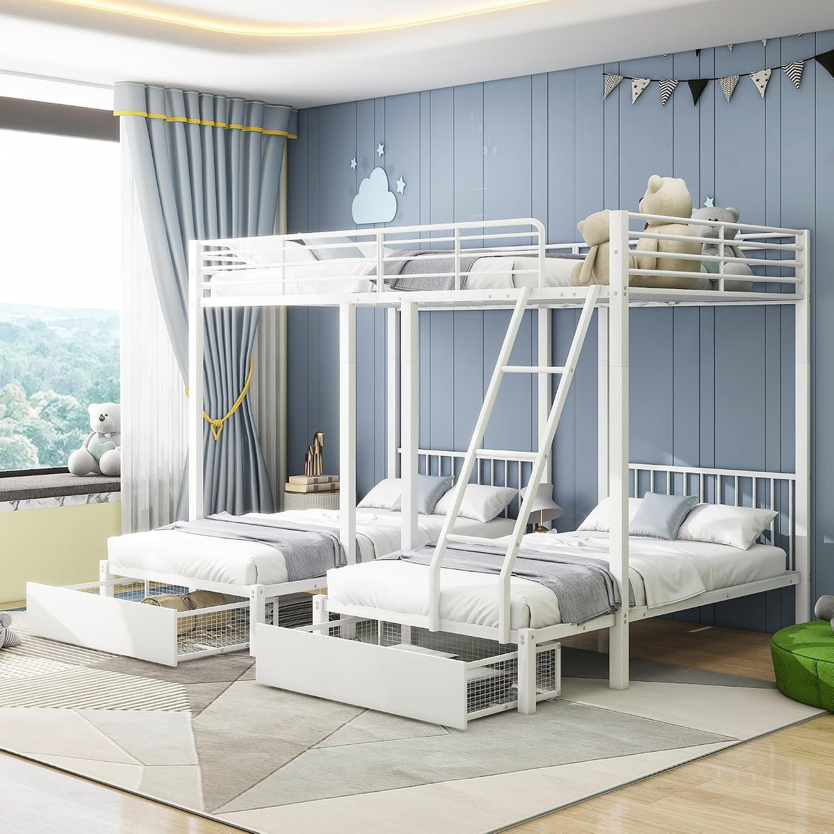 MYBOO Bett, Schwarz, Dreifaches Etagen mit 2 Schubladen, Kinder Hoch für 4 Kinder, umwandelbar in 140x200 Doppel &zwei 90x200 Einzel en