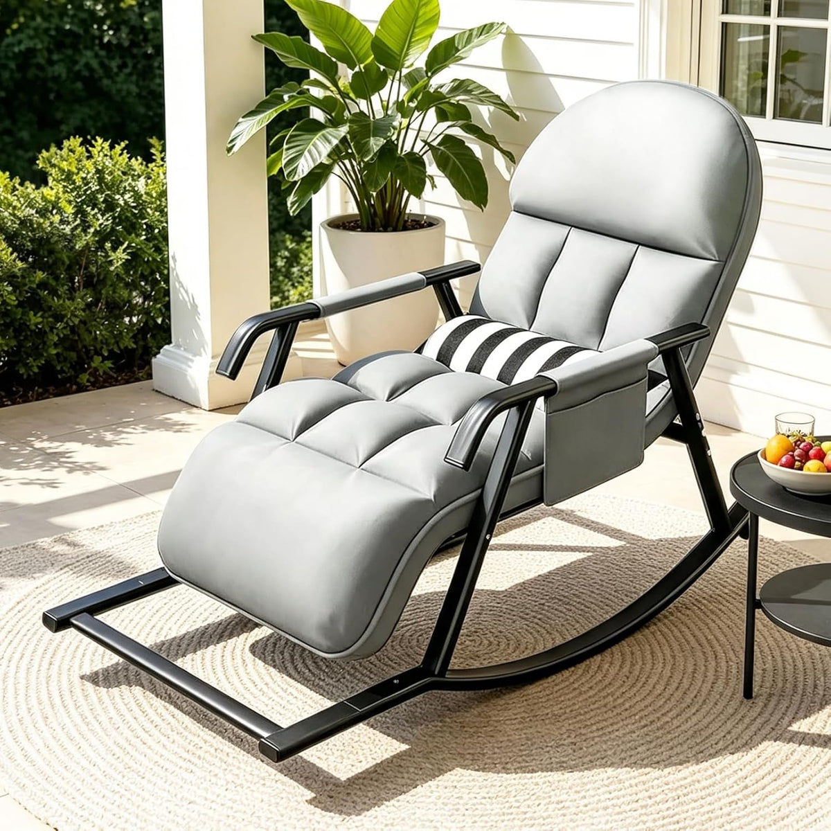 Cozykimo Schaukelstuhl, grau, Outdoor Wohnzimmer, Schaukelsessel, Gepolsterter Stillsessel mit Seitentaschen für Garten