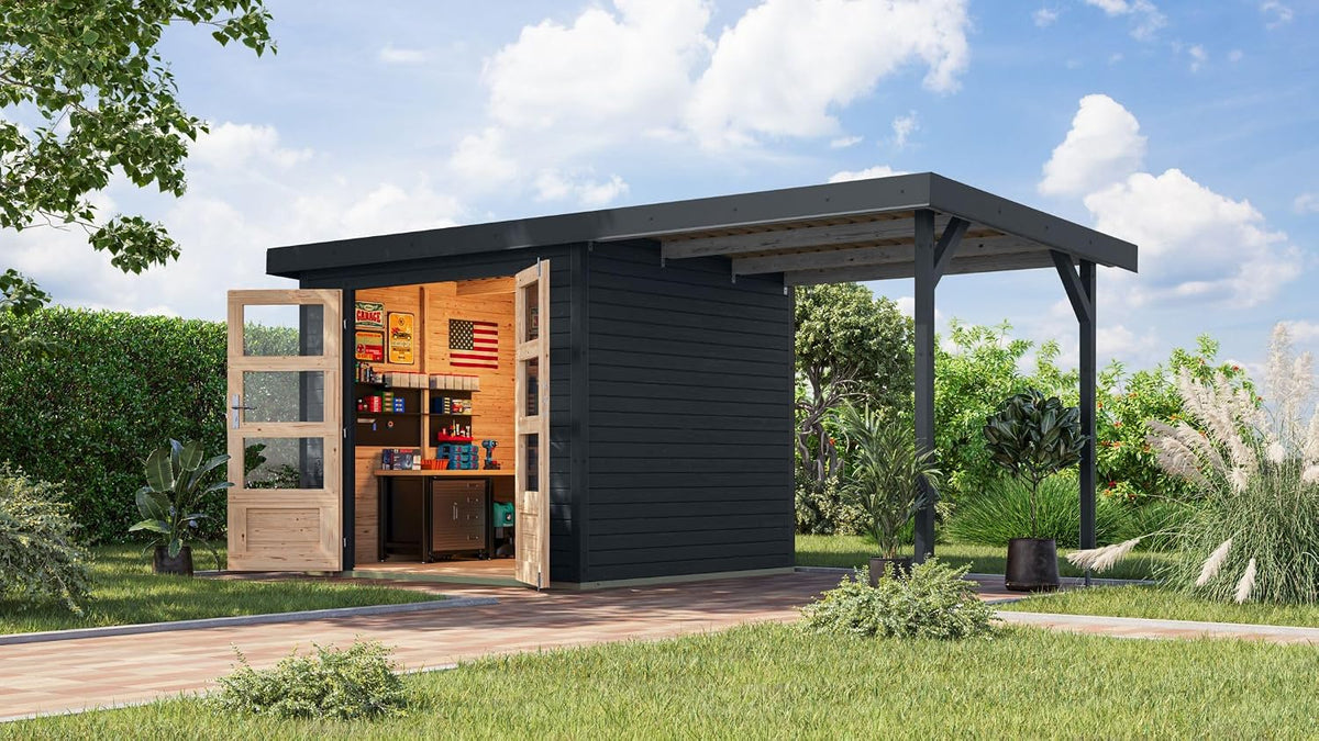 Gerätehaus Chillroi, Weiß, Karibu Gartenhaus Hollywood aus Metall + Holz, in 2 Größen und 3 Farben, optional mit Anbaudach (terragrau