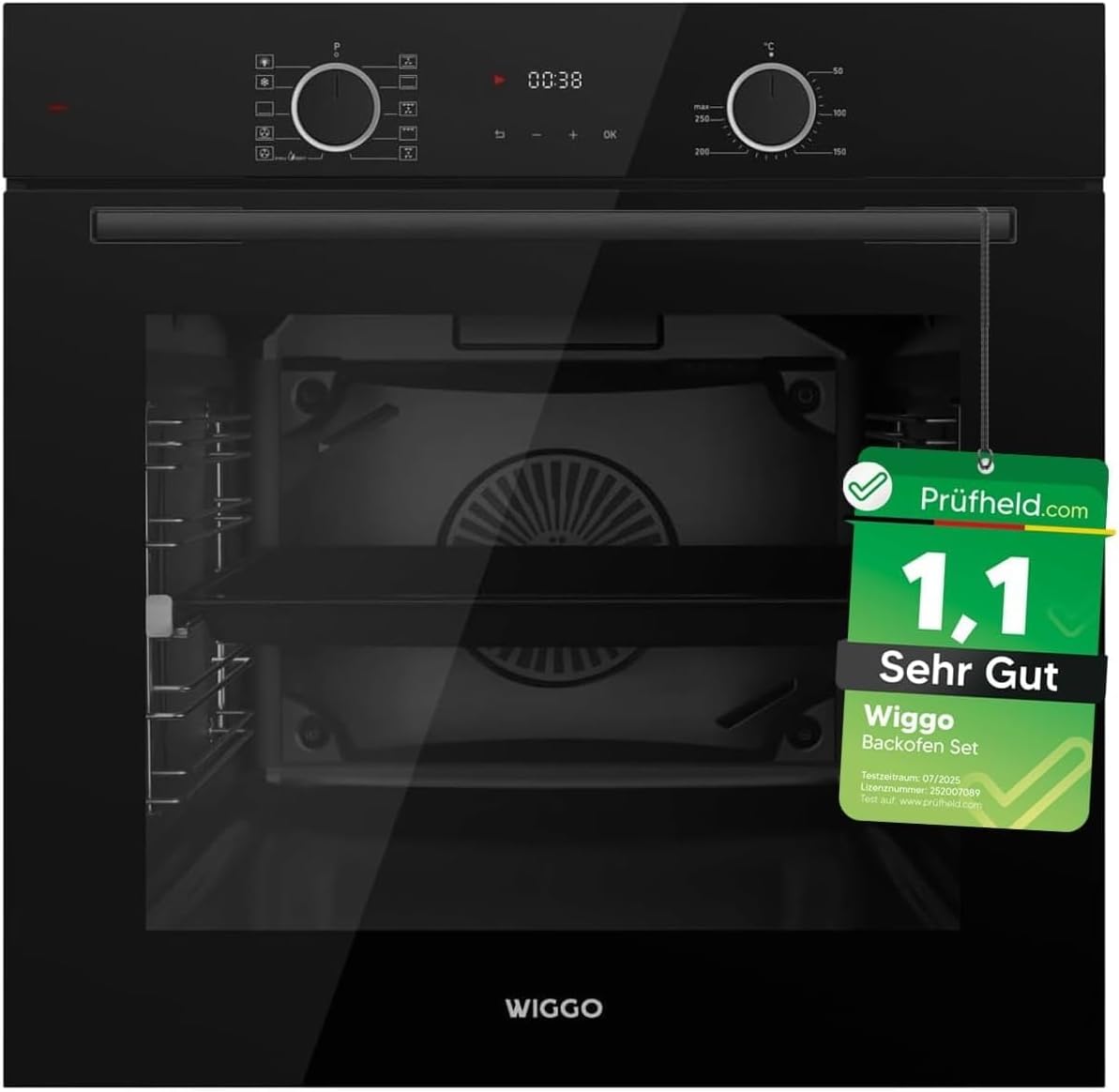 Backofen, 60 cm, 73 L, Grau, [ Test SEHR GUT, Note 1.1 *] WIGGO Set mit Teleskopschienen & Airfry, Dampfreinigung