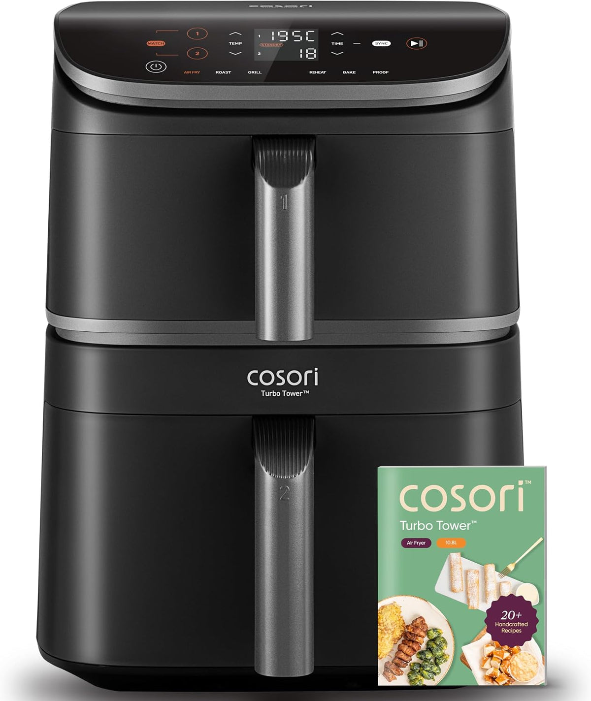 COSORI Heissluftfritteuse, 10,8 L, Schwarz, Airfryer, Heißluftfritteuse 2 Kammern, mit TurboBlaze-Technologie, inkl. Rezeptheft & Grillrost