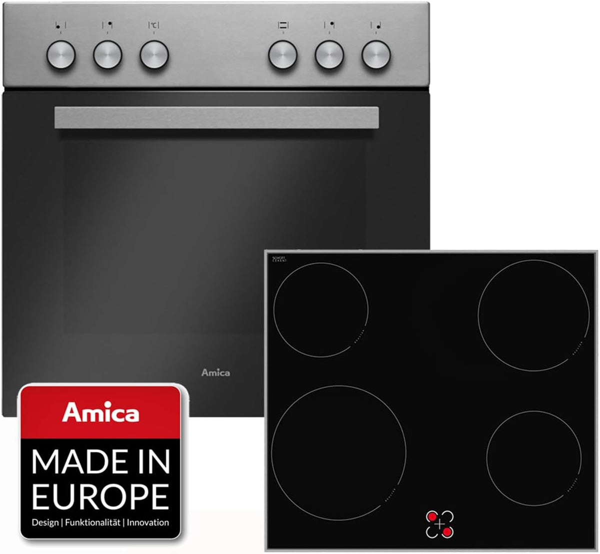 Amica Backofen, 65 Liter, 60 cm, Schwarz/Edelstahl, Einbauherd-Set, Elektro-Herd-Kochfeld-Kombination, mit Grill und Umluft