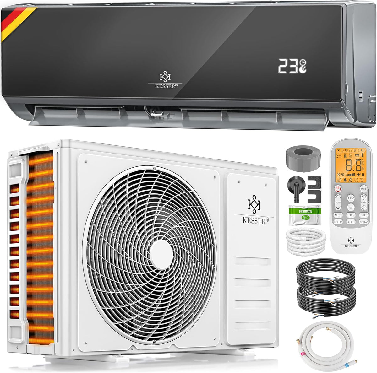 KESSER Klimaanlage, 2.600 W, Schwarz/Weiß, Set Split, WiFi/App Funktion Klimagerät, Kühlen A++/Heizen A+ -9000 BTU/h sehr leise