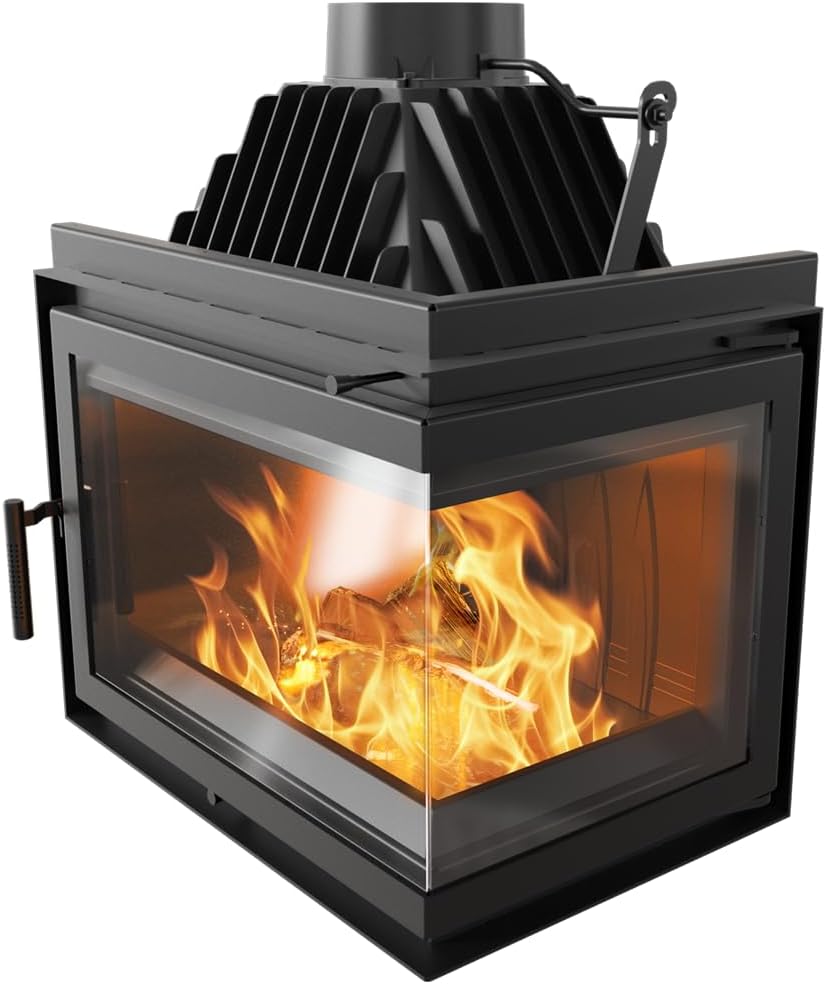 kratki Kaminofen, 15 kW, Schwarz, Kamineinsatz aus Gusseisen Simple Rechts Ø200, Eckkamin EcoDesign BImSchV 2, Holz