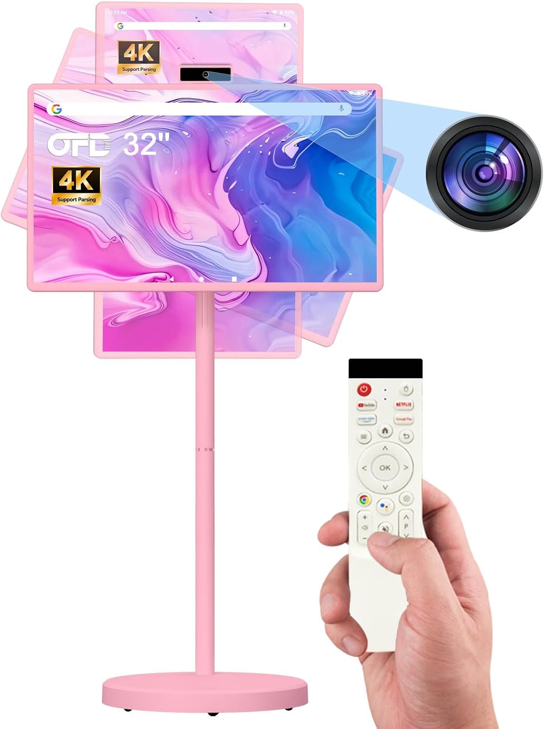 OFD Monitor, 32 Zoll, Schwarz, FHD Smart Portable TV auf Rädern, Rolling TV 1080P Touchscreen Android 15 OS, 8GB RAM + 128GB Speicher