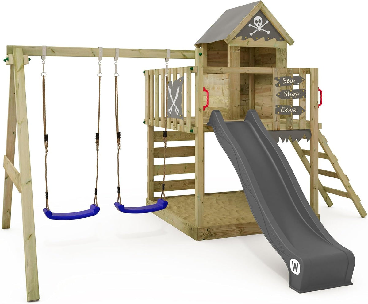 Wickey Klettergeräte & Schaukeln, Anthrazit, Spielturm Klettergerüst Smart Cave mit Schaukel & Rutsche, Outdoor Kinder Kletterturm mit Sandkasten