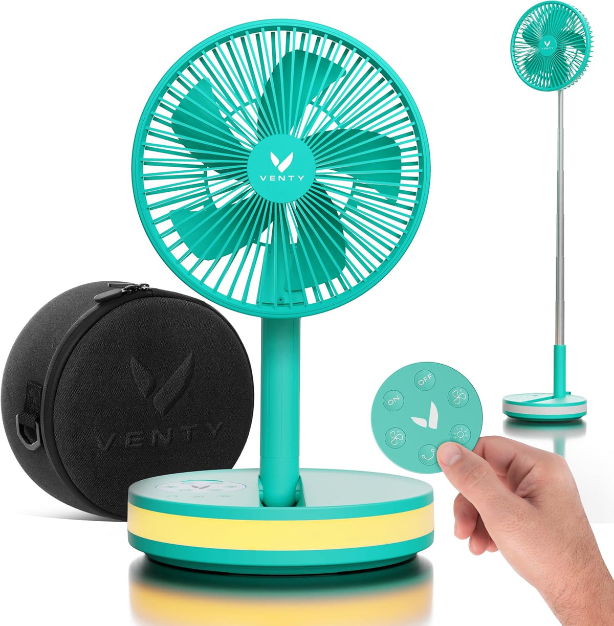VENTY USB-Ventilatoren, Türkis/Schwarz, Tragbarer Ventilator, kabelloser batteriebetriebener Ventilator, 4 Geschwindigkeiten