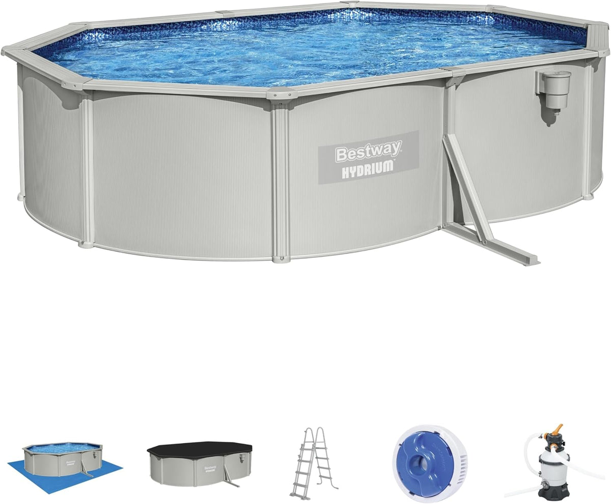 Bestway Stahlrahmenpool, 500 x 360 x 120 cm, 16.296 l, Silber/Blau/Schwarz, 56586 Oberirdischer Pool, oval