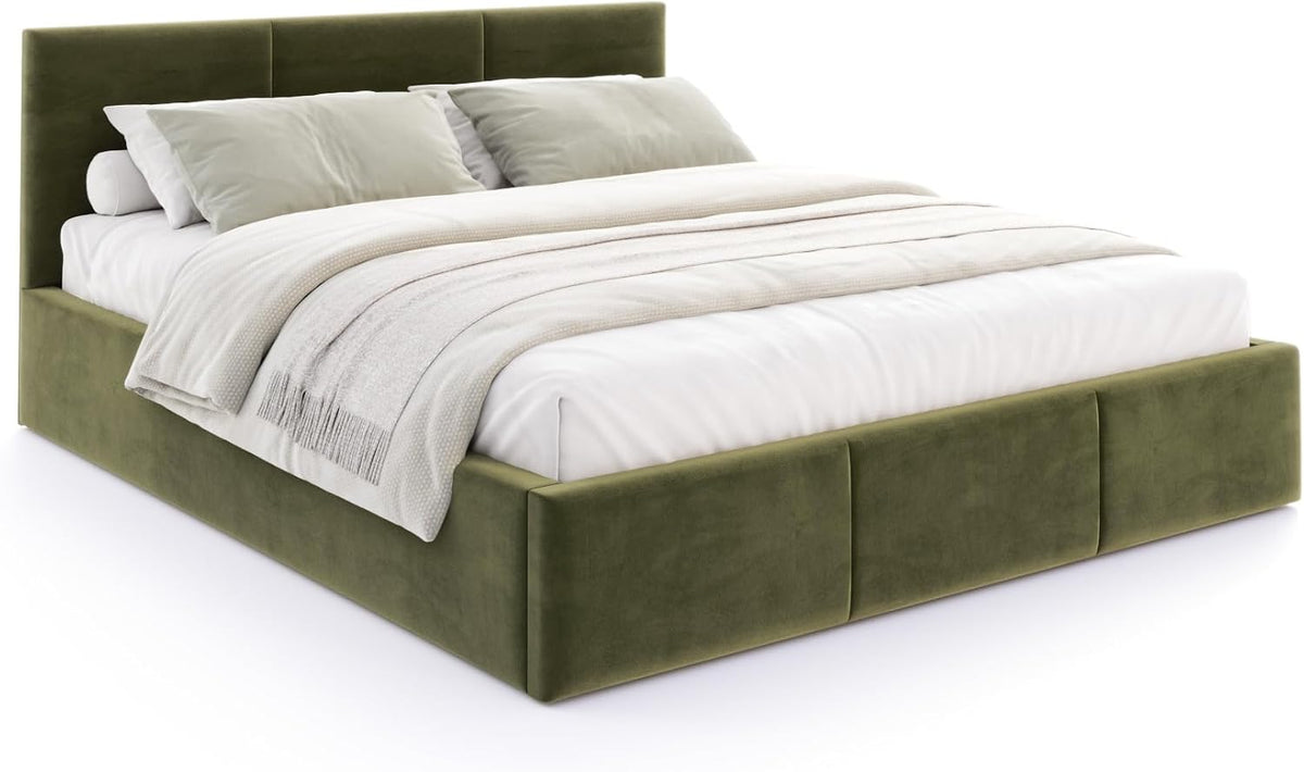 roe furniture Boxspringbett, 180x200 cm, Grün, mit Bettkasten, Bett mit Stauraum für Bettwäsche, Lattenrost mit Gasdruckfedern - en ohne Matratze