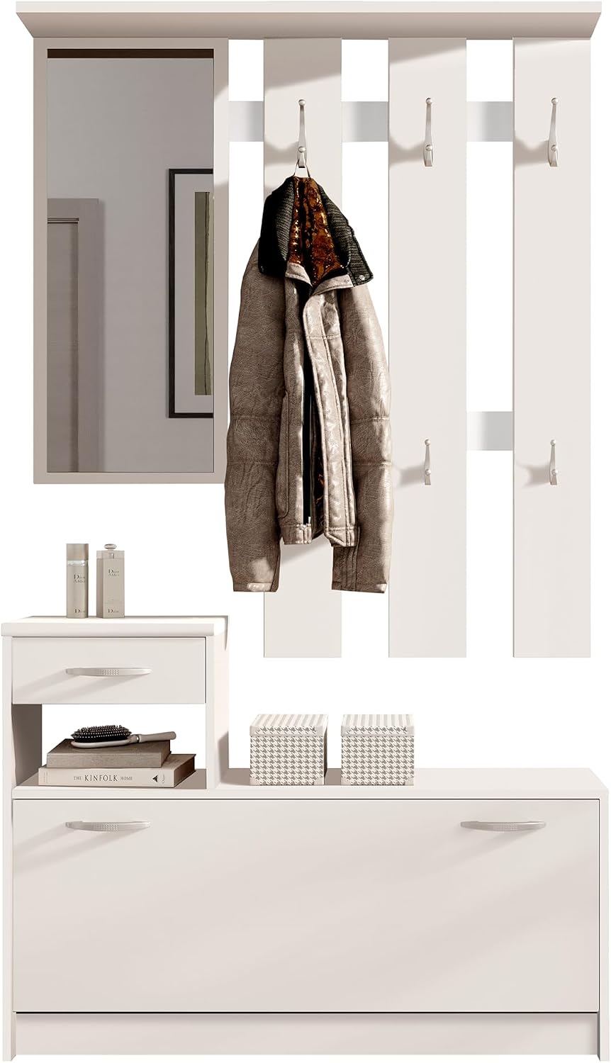 Stella Trading Sideboard, 100 x 190 x 26 cm, Weiß, Vera Garderobe mit Spiegel matt - Kompaktgarderobe, Dielenschrank