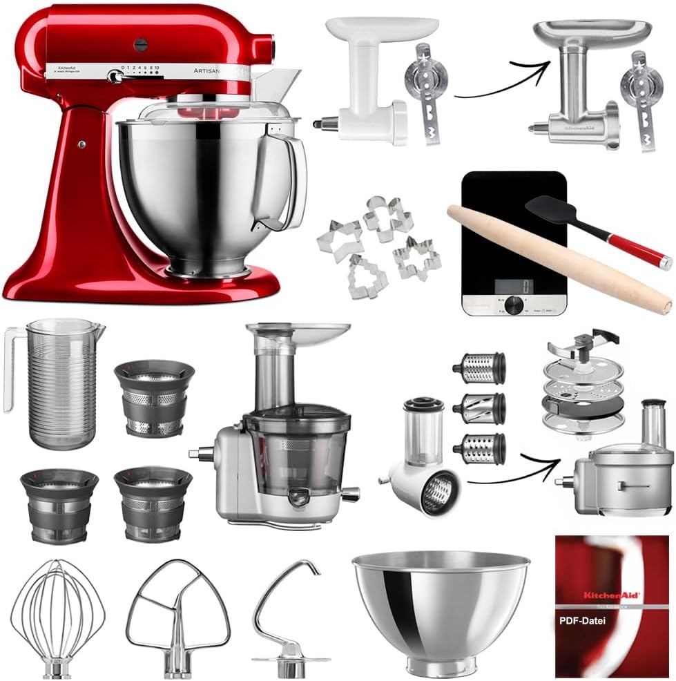 KitchenAid Küchengeräte,Küchenmaschinen, 4,8 Liter, Rot/Silber, Artisan Küchenmaschine, inkl. Zubehör, Fleischwolf