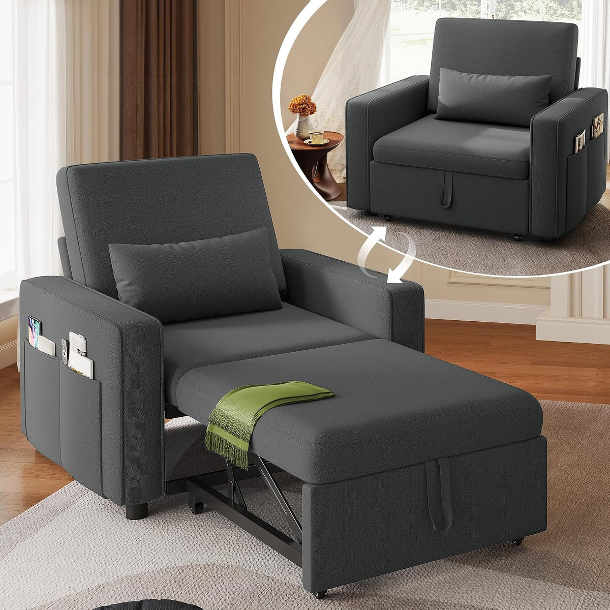 Sofa YITAHOME, 192×88 cm, Grau, Schlafsessel 3-in-1, 5-Stufig Schlaf, Ausziehbar