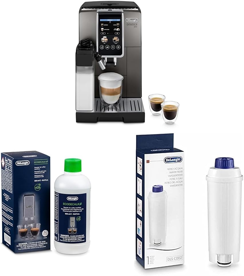 De'Longhi Kaffeevollautomat, Schwarz/Silber, Dinamica Plus ECAM380.95.TB, mit LatteCrema Milchsystem + Original EcoDecalk DLSC 500