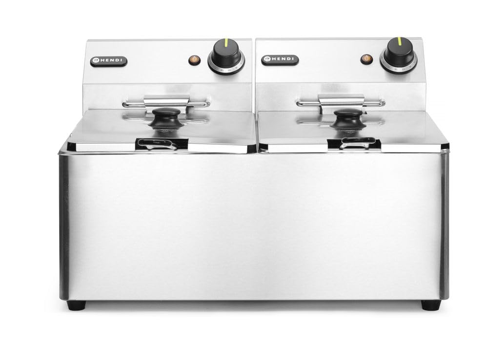 HENDI Heißluftfritteuse, 7000 W, 345 mm, 2x8 L, 230 V, Silber, Friteuse, Fritöse, einstellbar bis 190°C, Kaltzone, mit Frittierkorb und Deckel