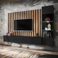 Wohnwand Lomadox, 220 cm, Qualitätsspanplatte, melaminbeschichtet, schwarz, Anbauwand Schrankwand, mit Eiche, Vitrine