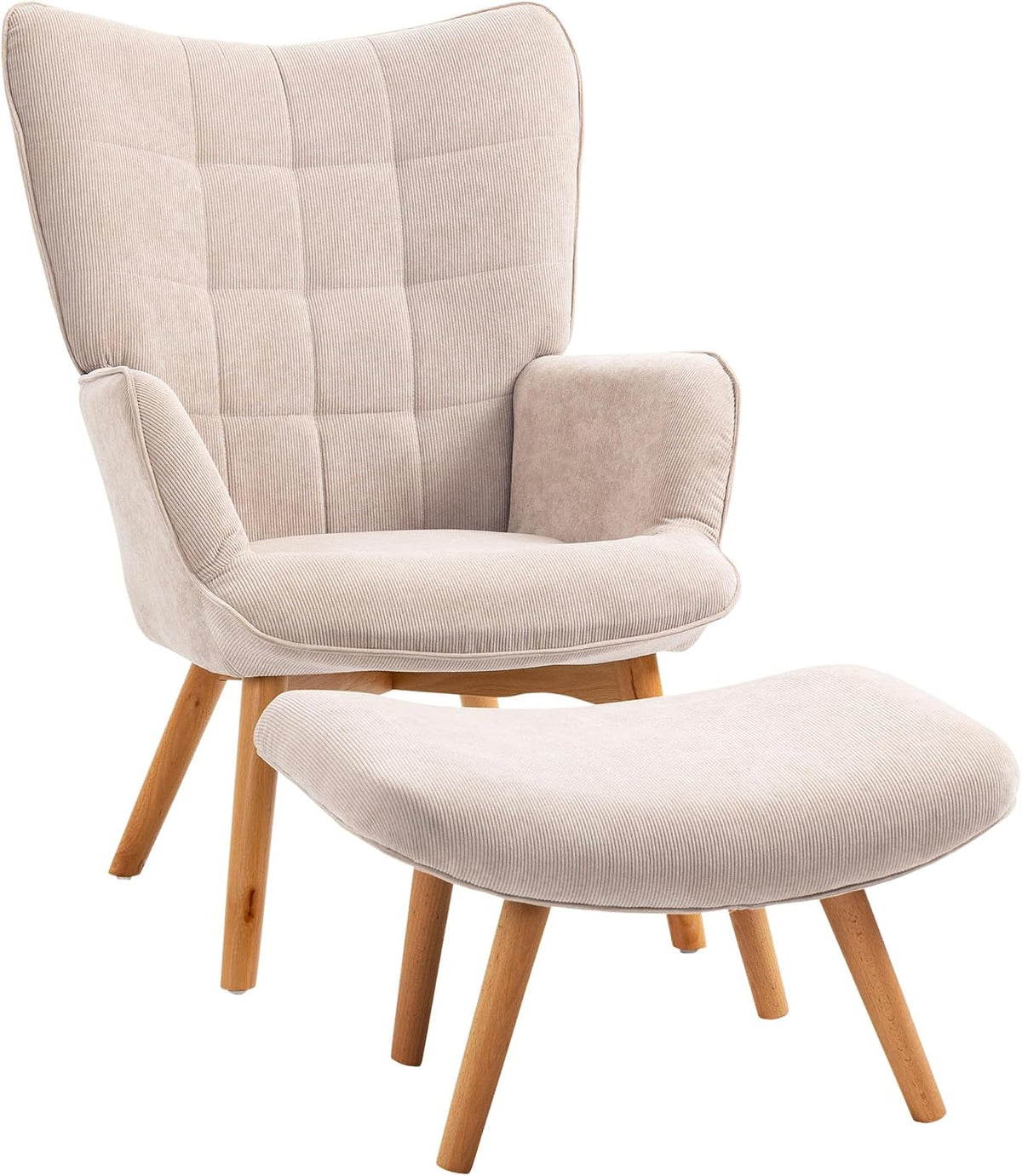 HOMCOM Relaxsessel, Beige, Ohrensessel mit Hocker Sessel mit Cordoptik für Wohnzimmer