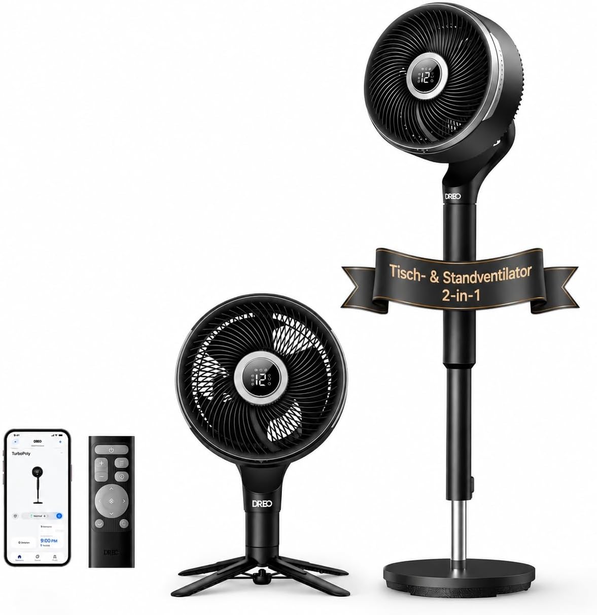 DREO Ventilator, 36,6 m, 20 dB, Schwarz, Smart- fürs Schlafzimmer, Stand ，150°+100° omnidirektionaler Oszillation