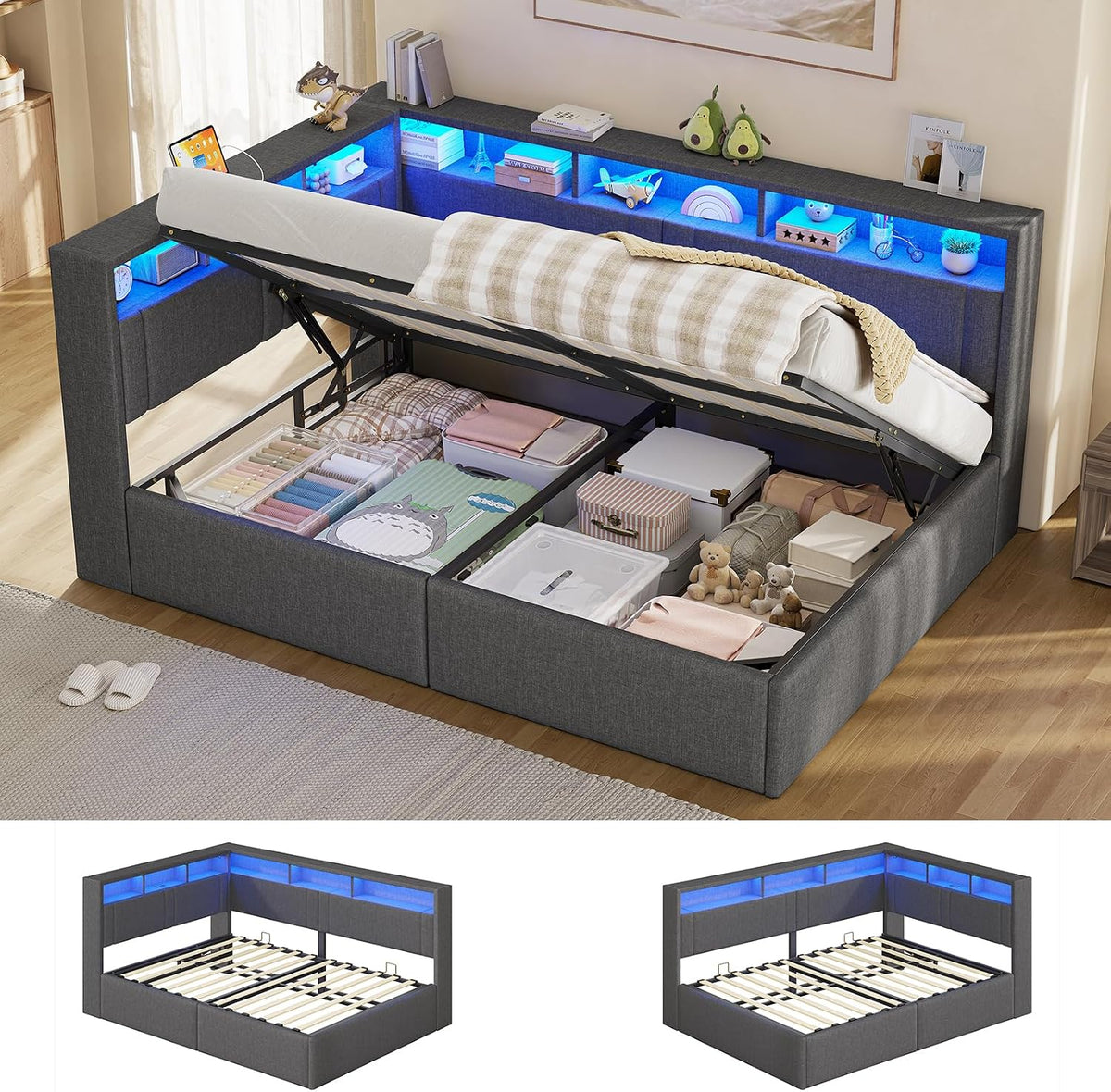 AOGLLATI Bett, Weiß, Polster Schlafsofa 90x200 mit Hydraulis, LED-Beleuchtung & USB