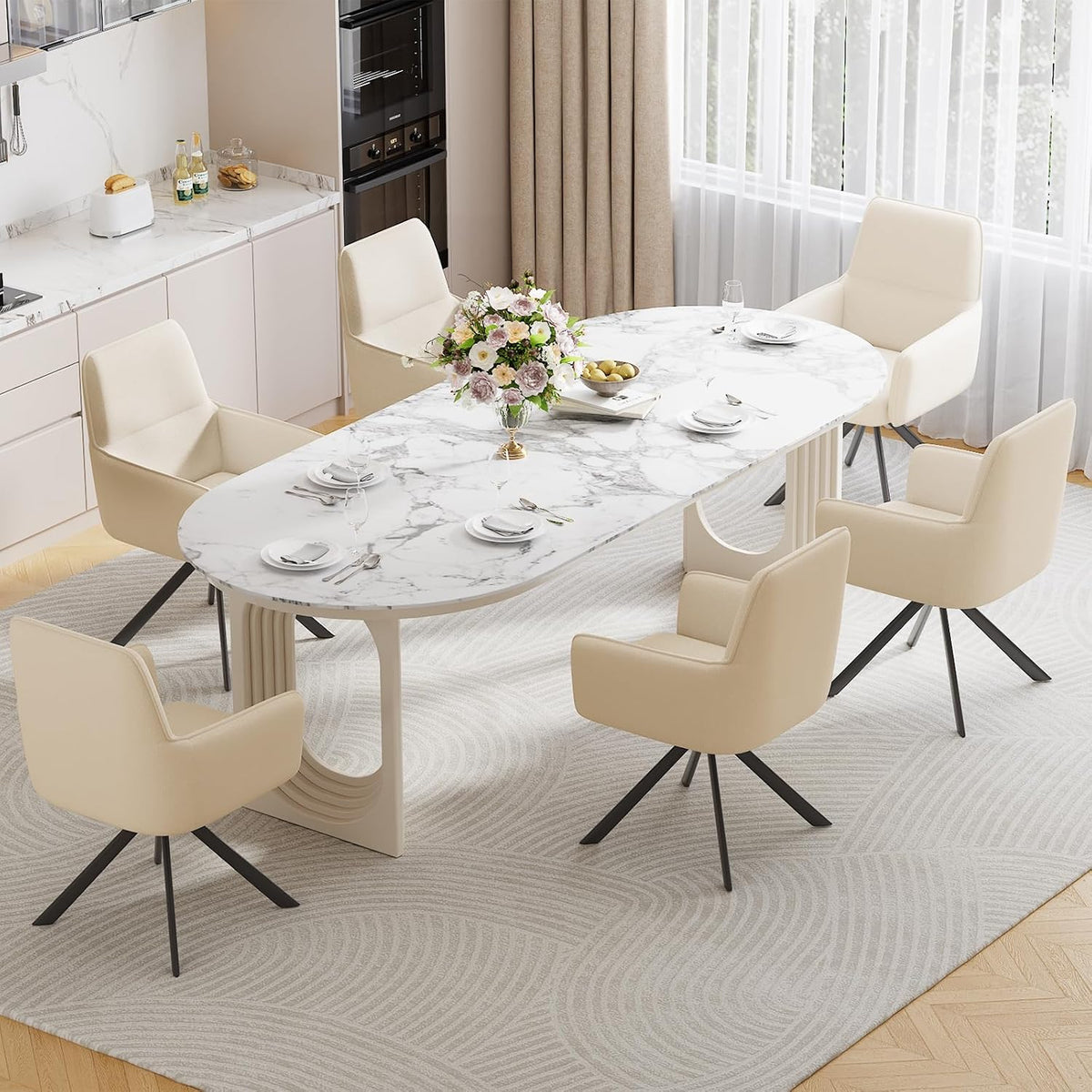 Ckaff Schreibtisch, Beige, 6er Set Esszimmerstühle Drehbar mit Armlehne, 360°Drehbar Polsterstuhl Küchenstuhl aus Chenille