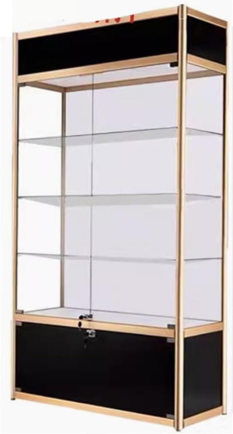 YPIOUREN Bücherregal, 200 cm, Schwarz/Gold, Glasvitrine stehend Vitrinenschränke Wohnzimmer vitrine