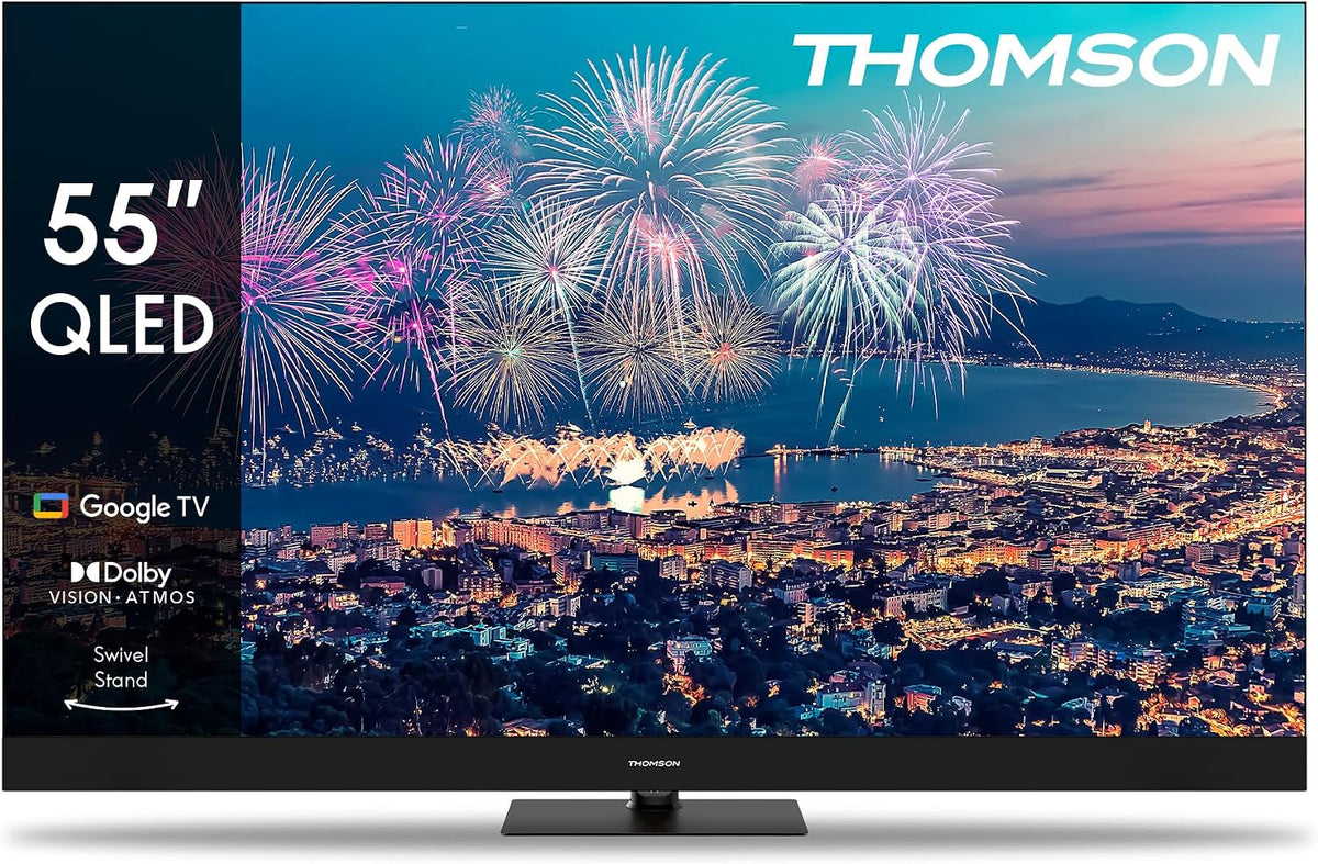 Thomson Fernseher, 65 Zoll, 164 cm, Schwarz, Smart TV, QLED Zentral Füsse Google Smart TV, Wi-Fi, Dolby Audio