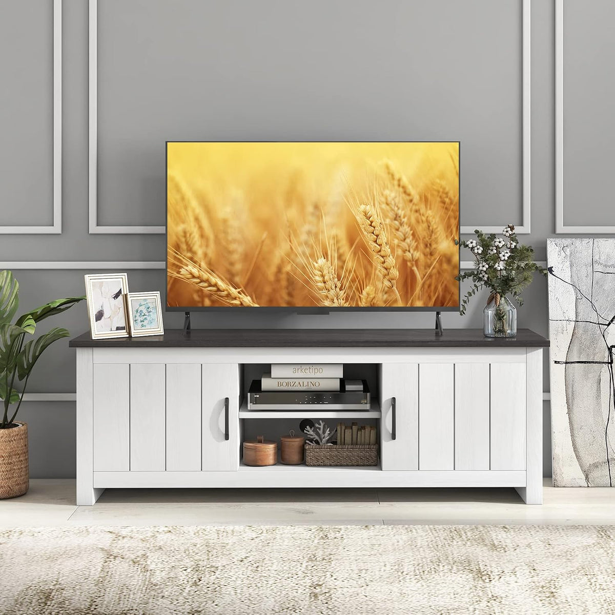 GIANTEX Sideboard, 145 x 40 x 50 cm, 65 Zoll, Spanplatte, Weiß/Grau, TV-Schrank TV-Board, Fernsehschrank Fernsehtisch TV Ständer für Fernseher bis zu