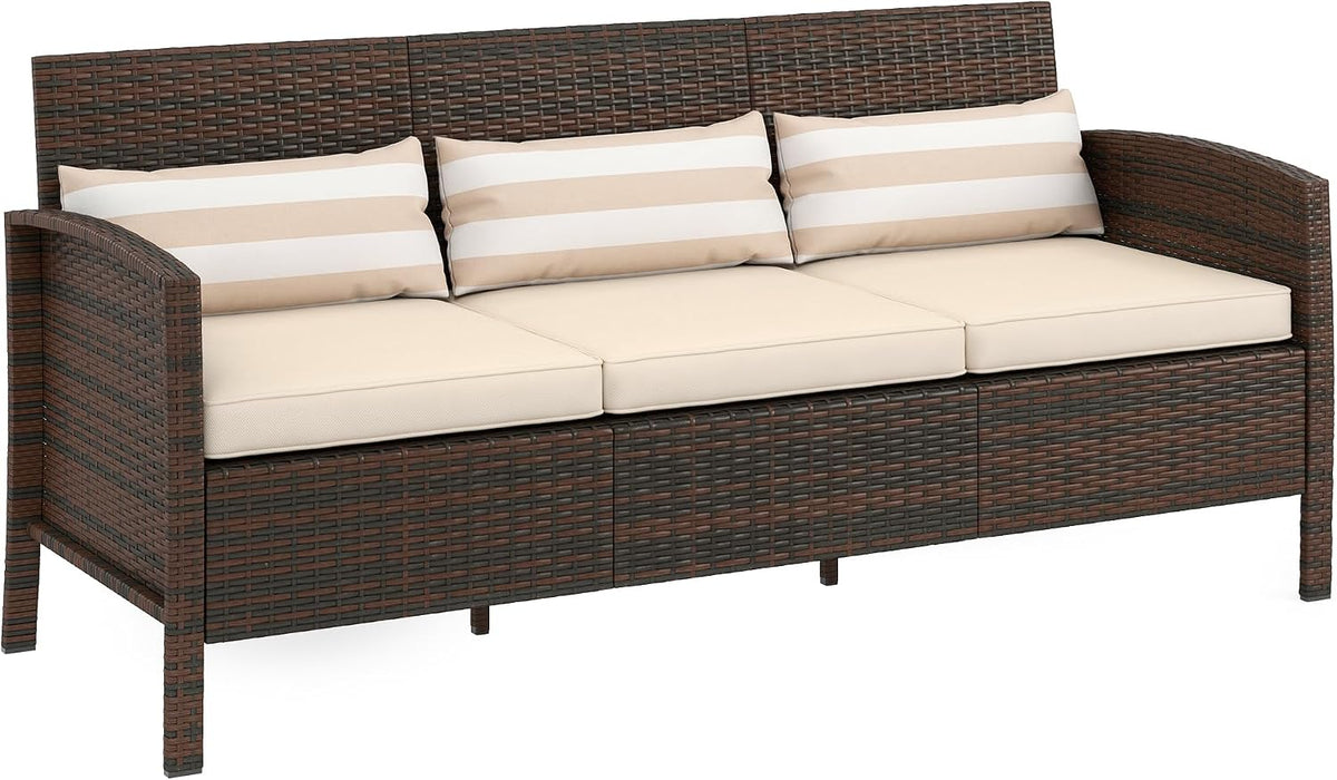 Sofa Outsunny, 173 x 68 x 78 cm, Braun, Rattan mit Kissen Dreisitzer Stahl