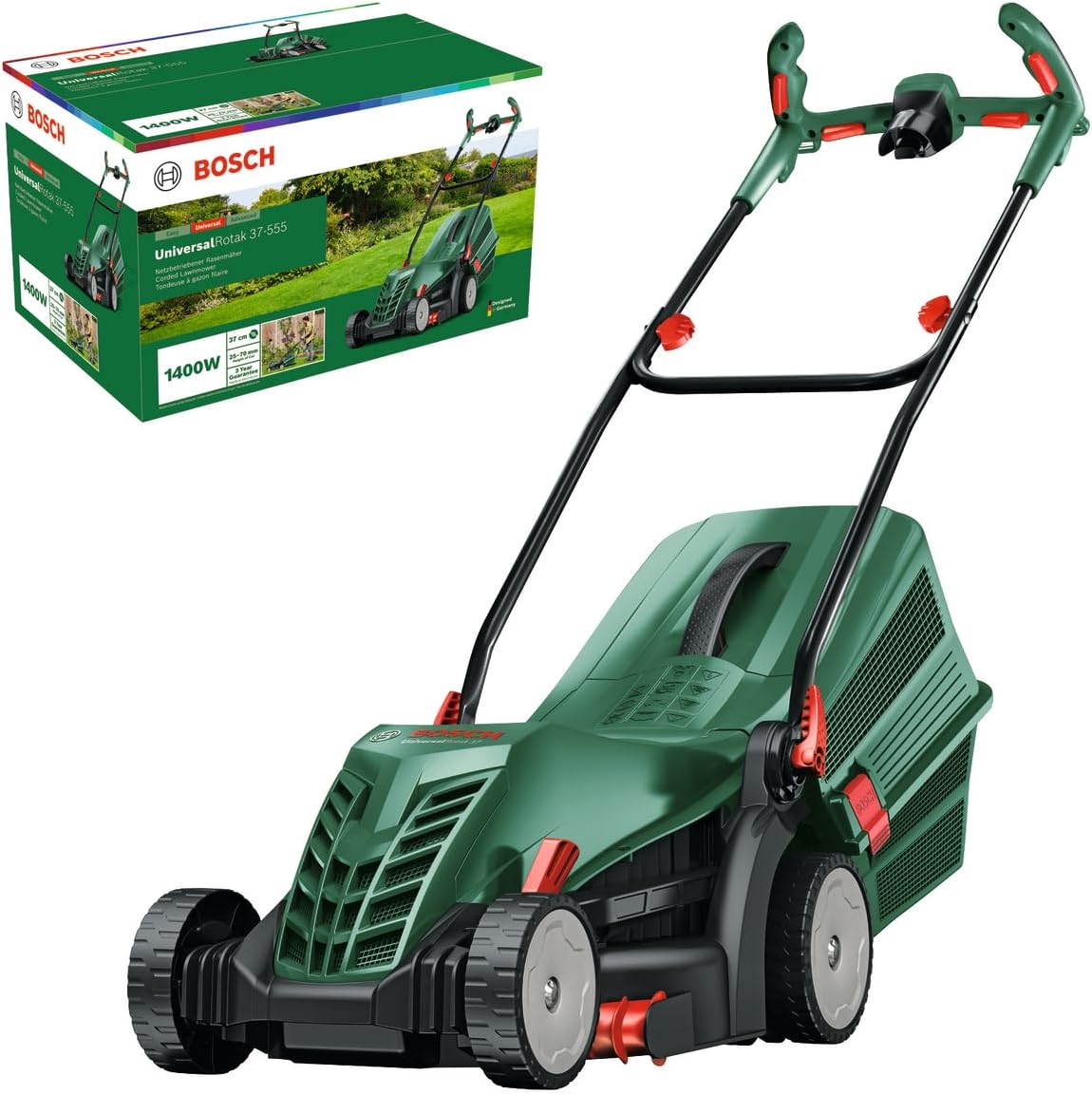 Bosch Rasenmäher, 37 cm, Grün/Schwarz/Rot, kabelgebundener UniversalRotak 37-555 (1400-W-Motor, Schnittbreite