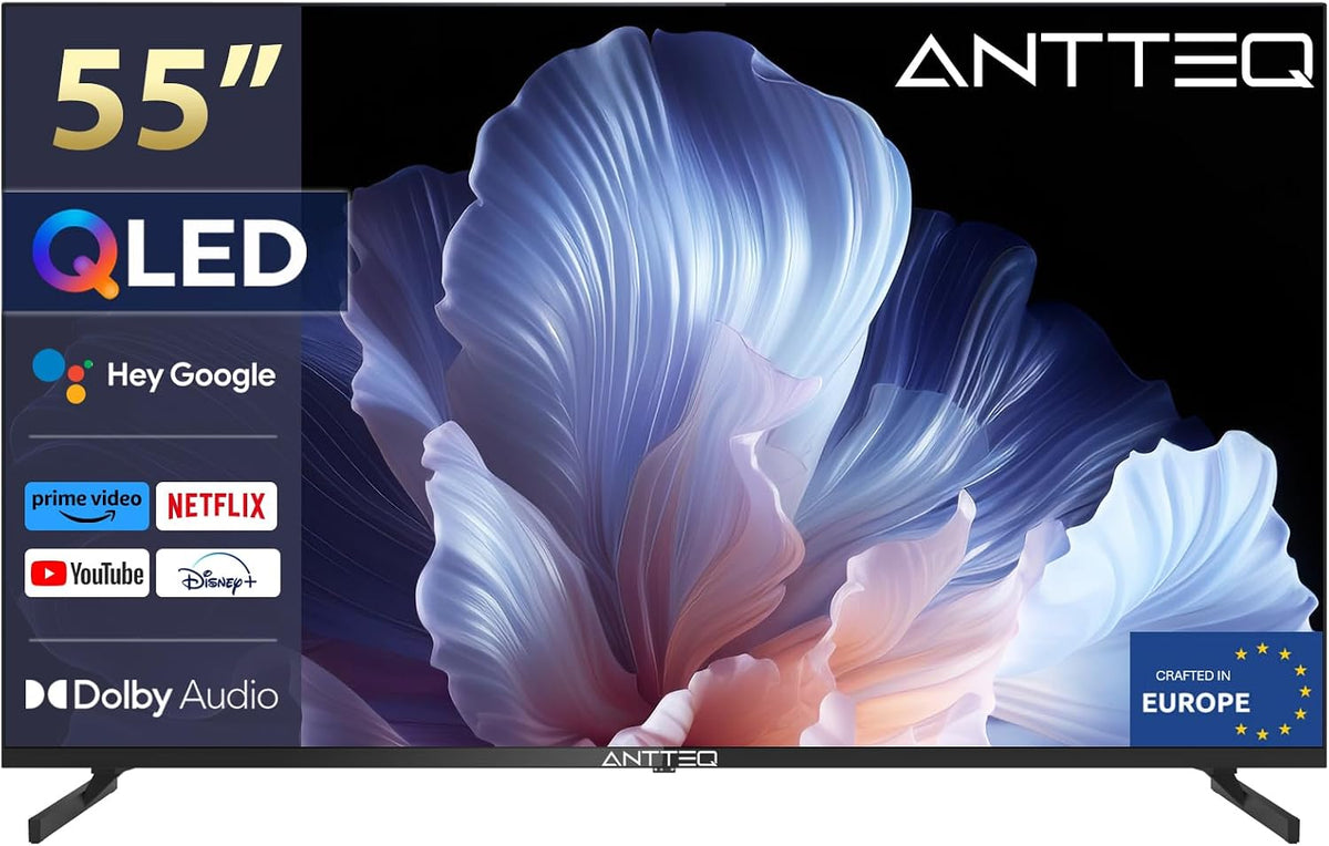 Antteq Fernseher, 55 Zoll, 139 cm, Schwarz, Smart TV, Q55 QLED 4K Smart TV , Google Assistant, HDR10, mit Triple Tuner