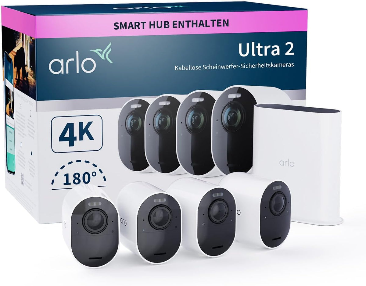 Arlo Überwachungskamera, Weiß, Ultra 2 Aussen WLAN, Kabellos, 4er Set, 4K UHD Qualitätsprodukt, 180° Sichtfeld